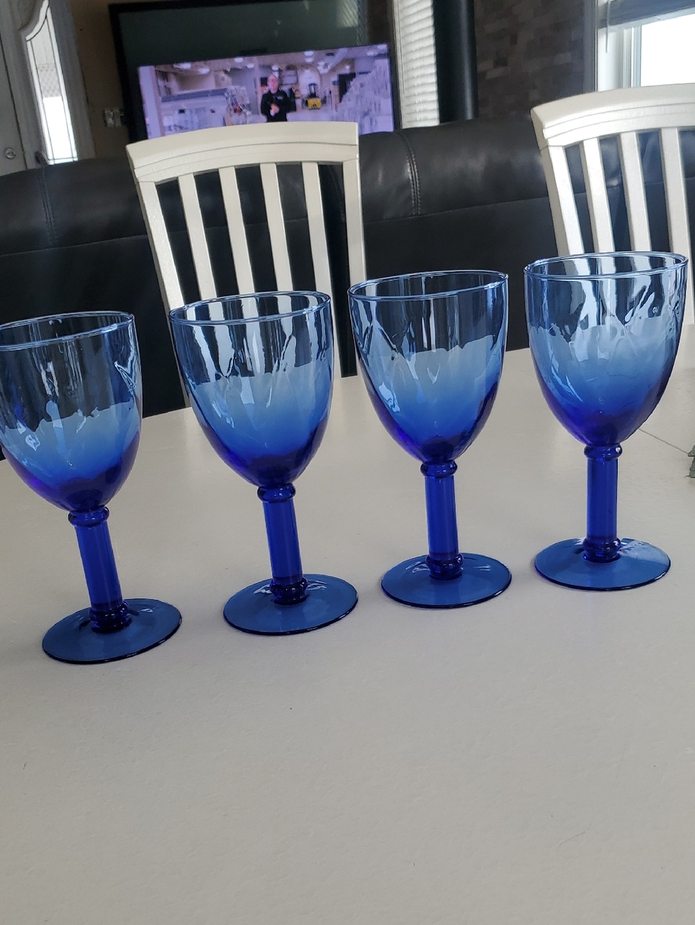 Handblown Colbalt Blue Wine Or Water Goblets With Diamond Pattern